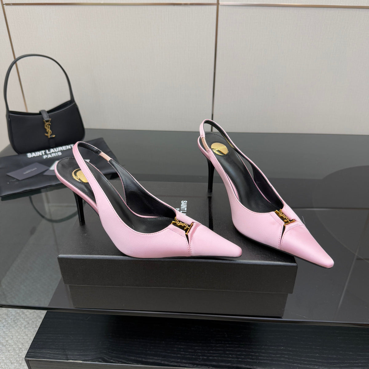 YSL 25S SLINGBACK HIGH HEELS 90 MM IN PINK SATIN WITH GOLD HARDWARE STYLE 17