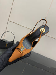 YSL 25S SLINGBACK HIGH HEELS 90 MM IN DARK ORANGE SATIN WITH GOLD HARDWARE STYLE 16