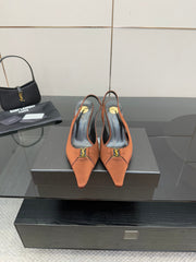 YSL 25S SLINGBACK HIGH HEELS 90 MM IN COGNAC BROWN SATIN WITH GOLD HARDWARE STYLE 15
