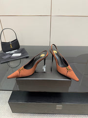YSL 25S SLINGBACK HIGH HEELS 90 MM IN COGNAC BROWN SATIN WITH GOLD HARDWARE STYLE 15