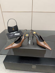 YSL 25S SLINGBACK HIGH HEELS 90 MM IN CHESTNUT BROWN LAMBSKIN WITH GOLD HARDWARE STYLE 1