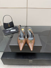 YSL 25S SLINGBACK HIGH HEELS 90 MM IN CHESTNUT BROWN LAMBSKIN WITH GOLD HARDWARE STYLE 1