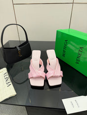 BOTTEGA VENETA 26S HEELED SANDALS 95 MM IN LIGHT PINK CALFSKIN AND RAFFIA
