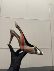BURBERRY 26S SLINGBACK HEELS 85 MM IN STRIPED COLOR COORDINATION FABRIC WITH GOLD HARDWARE STYLE 5