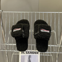BALENCIAGA 25S SLIPPERS IN BLACK FAUX SHEARLING