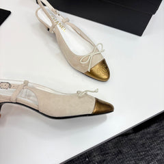 CC SLINGBACK 25S IN DUSTY BEIGE SUEDE AND GOLDEN BROWN LAMBSKIN WITH BOW