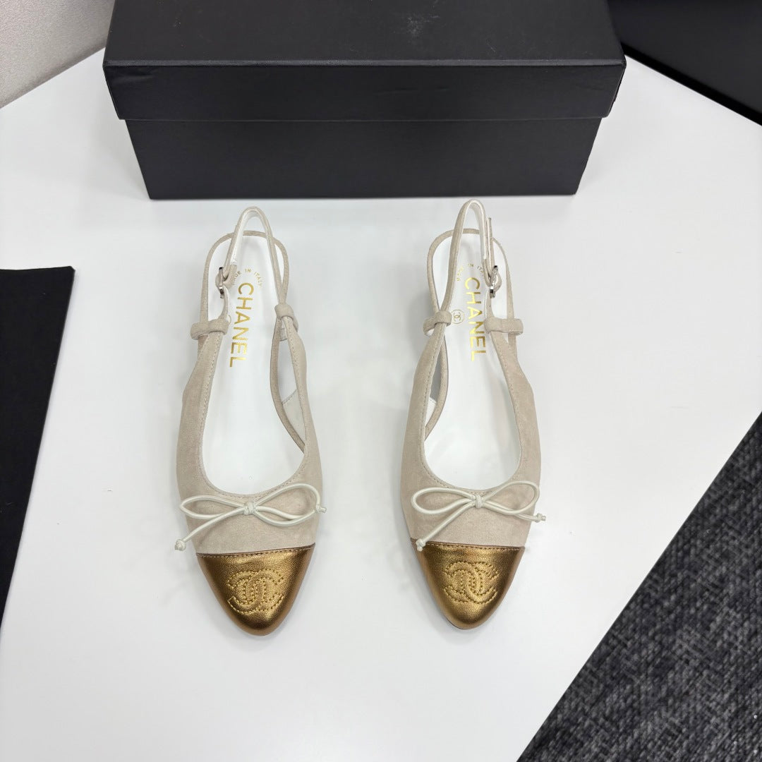 CC SLINGBACK 25S IN DUSTY BEIGE SUEDE AND GOLDEN BROWN LAMBSKIN WITH BOW