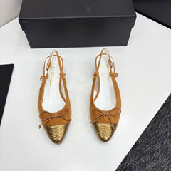 CC SLINGBACK 25S IN BURNT ORANGE SUEDE AND GOLDEN BROWN LAMBSKIN WITH BOW