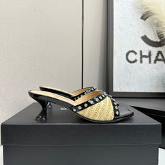 CC HIGH HEEL 25S 50 MM IN BEIGE RAFFIA AND BLACK CALFSKIN WITH CRYSTALS