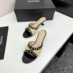 CC HIGH HEEL 25S 50 MM IN BEIGE RAFFIA AND BLACK CALFSKIN WITH CRYSTALS