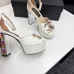 CC HIGH SANDAL 25S 110 MM IN CREAM WHITE CALFSKIN WITH MULTICOLOR STONES