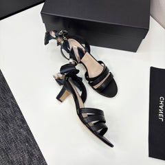 CC HEEL SANDAL 25S IN BLACK LAMBSKIN WITH SILK BOW