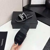 CC SLIDE SANDALS 25S IN BLACK FABRIC AND CALFSKIN