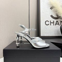 CC HIGH SANDAL 25S 80 MM IN SILVER CALFSKIN WITH PEARL DETAILS