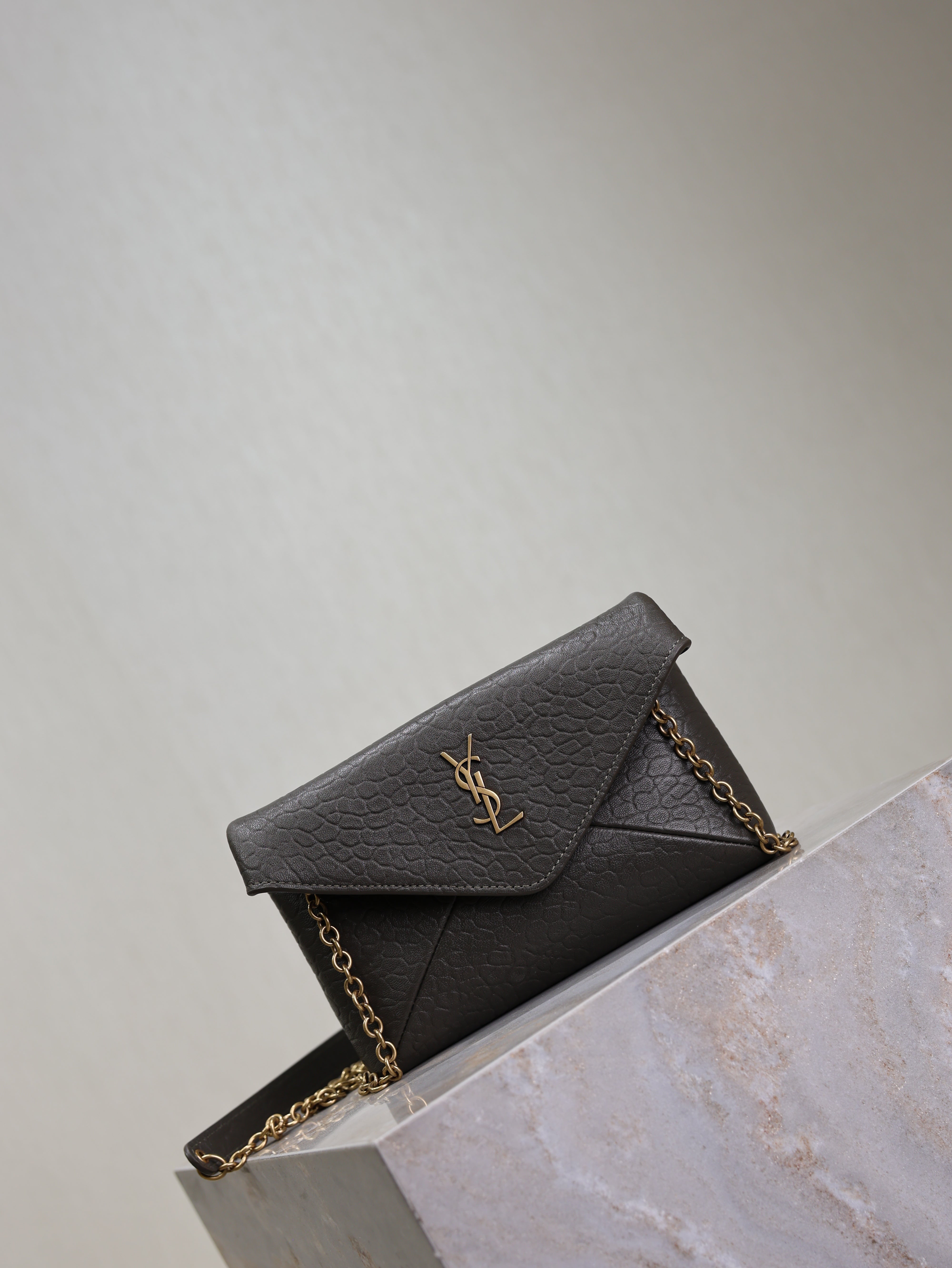 YSL 25S CALYPSO MINI 19 IN CHARCOAL GRAY LAMBSKIN GOLD HARDWARE