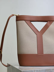 YSL 25S Y SMALL BUCKET 29 IN DESERT DUST AND BRICK CANVAS GOLD HARDWRE