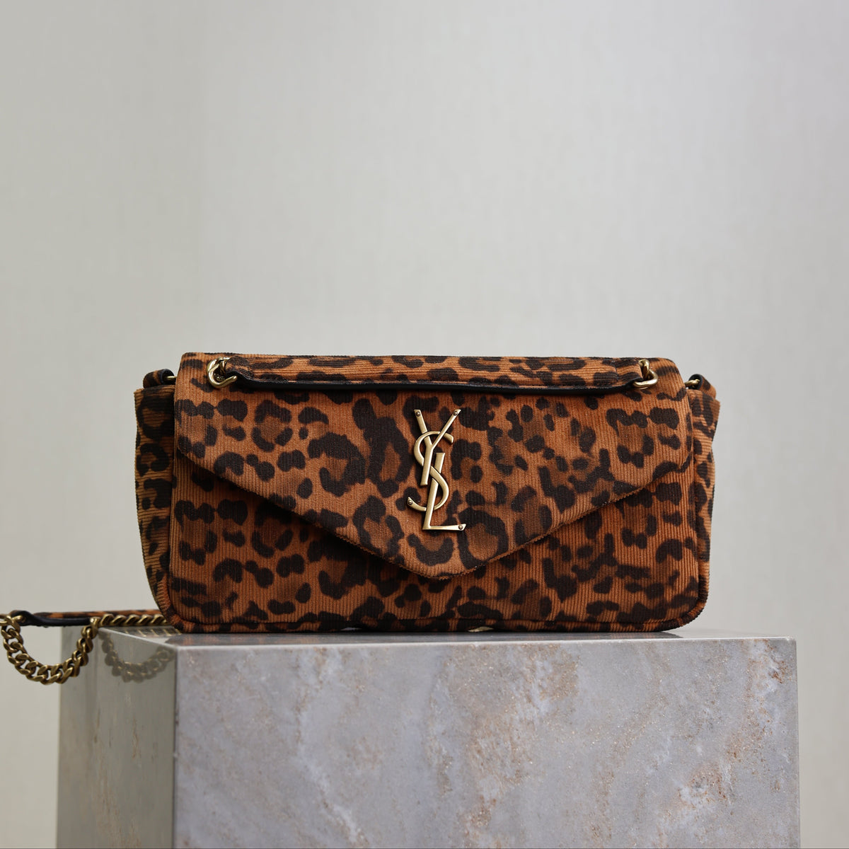 YSL 25S CALYPSO HANDBAG 26 IN BROWN LEOPARD PRINT VELVET GOLD HARDWRE