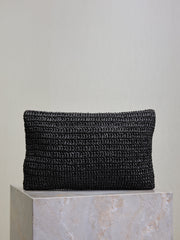 YSL 25S CASSANDRE LARGE ENVELOPE POUCH 29 IN BLACK RAFFIA GOLD HARDWRE