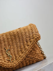 YSL 25S CALYPSO BAG 19 IN DARK BROWN RAFFIA AND CALFSKIN GOLD HARDWRE