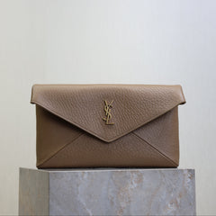 YSL 25S CASSANDRE LARGE ENVELOPE POUCH 29 IN DARK TAUPE CALFSKIN GOLD HARDWRE