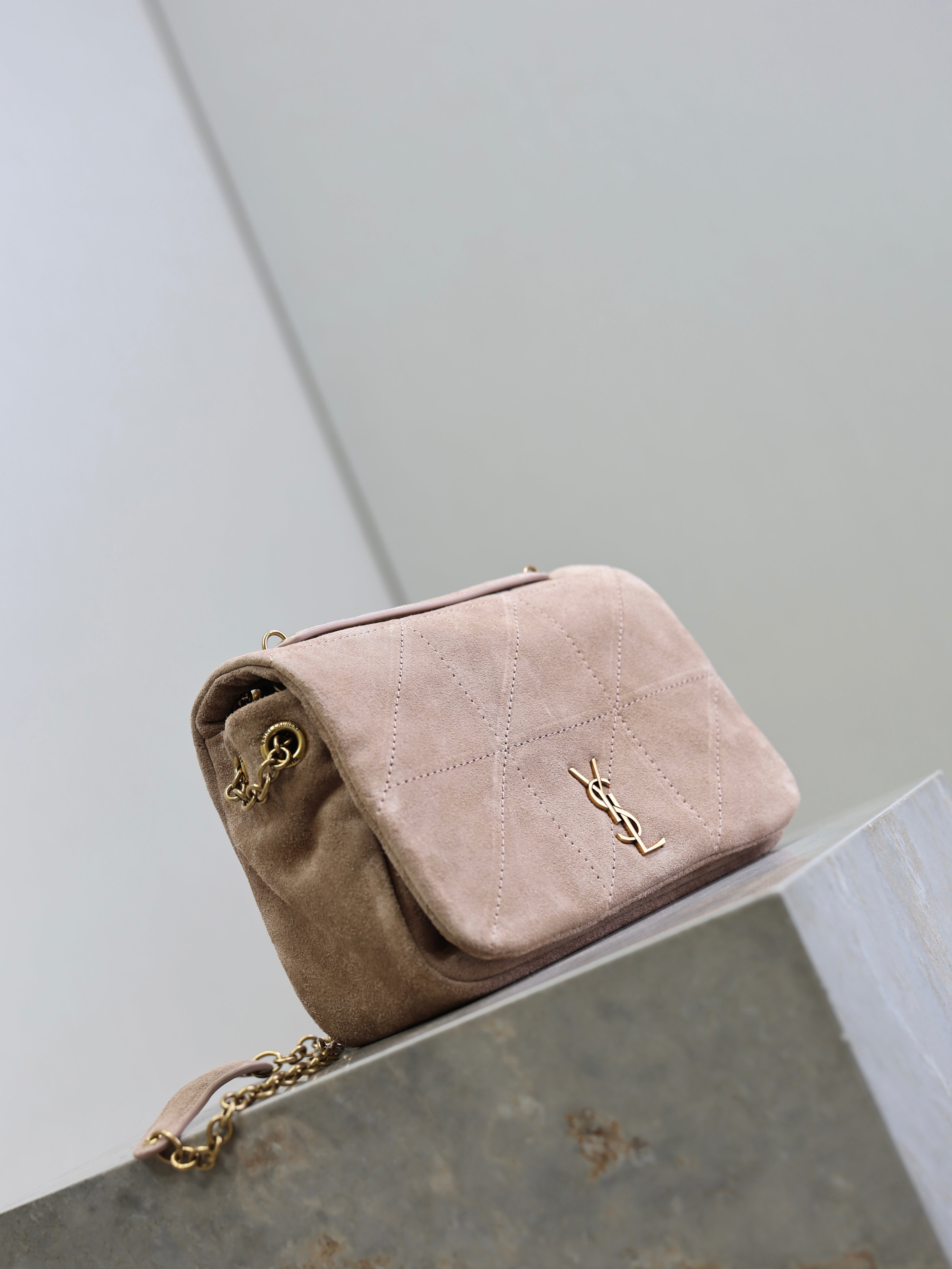 YSL 25S JAMIE 4.3 MINI 20 IN DUSTY ROSE BEIGE SUEDE GOLD HARDWARE