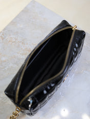 YSL 25S CASSANDRE MATELASSÉ CARRÉ POUCH ON CHAIN 18 IN BLACK SHINY CALFSKIN