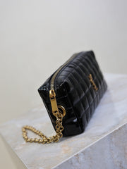 YSL 25S CASSANDRE MATELASSÉ CARRÉ POUCH ON CHAIN 18 IN BLACK SHINY CALFSKIN