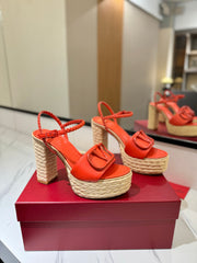 VLTN ESPADRILLE WEDGE SANDALS 25S 115 MM IN ORANGE LAMBSKIN