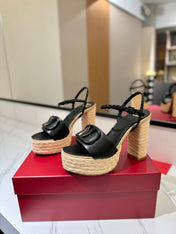 VLTN ESPADRILLE WEDGE SANDALS 25S 115 MM IN BLACK LAMBSKIN