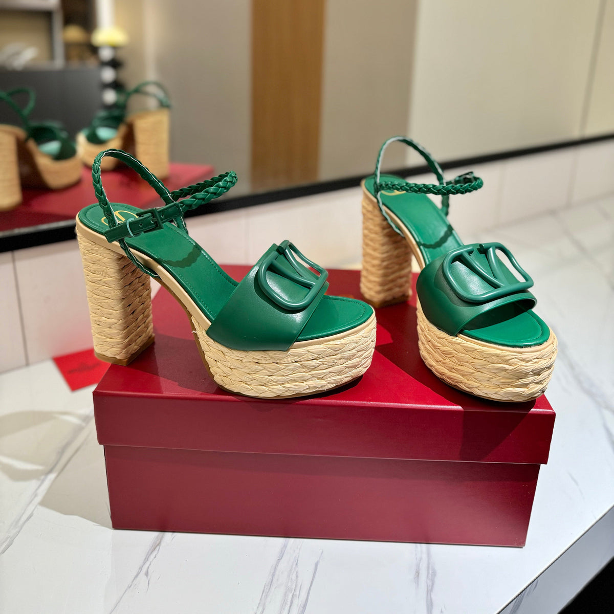 VLTN ESPADRILLE WEDGE SANDALS 25S 115 MM IN DARK GREEN LAMBSKIN