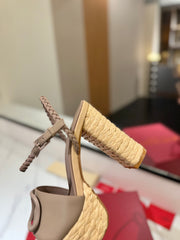 VLTN ESPADRILLE WEDGE SANDALS 25S 115 MM IN BEIGE BROWN LAMBSKIN