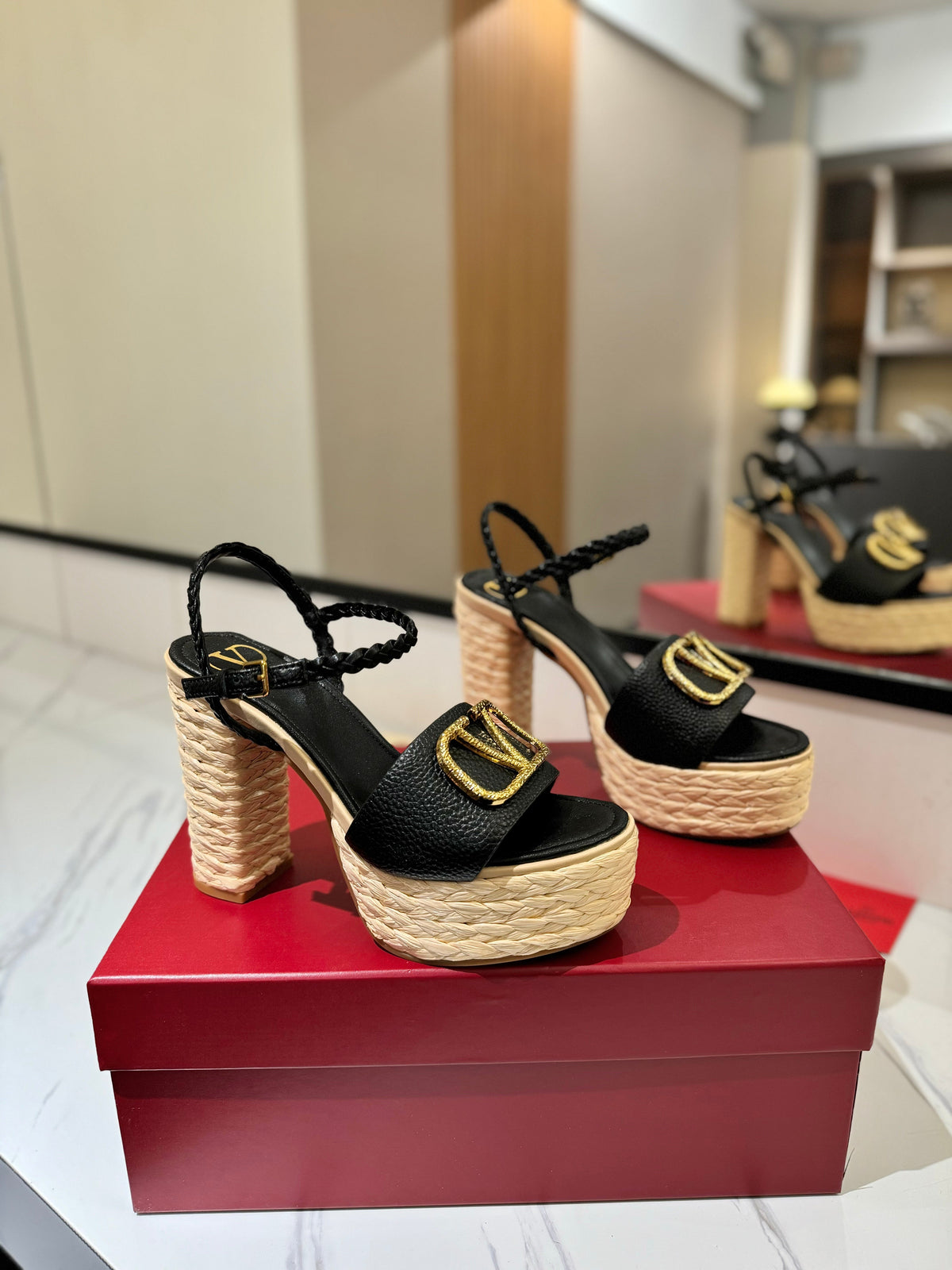 VLTN ESPADRILLE WEDGE SANDALS 25S 115 MM IN BLACK LAMBSKIN WITH GOLD HARDWARE