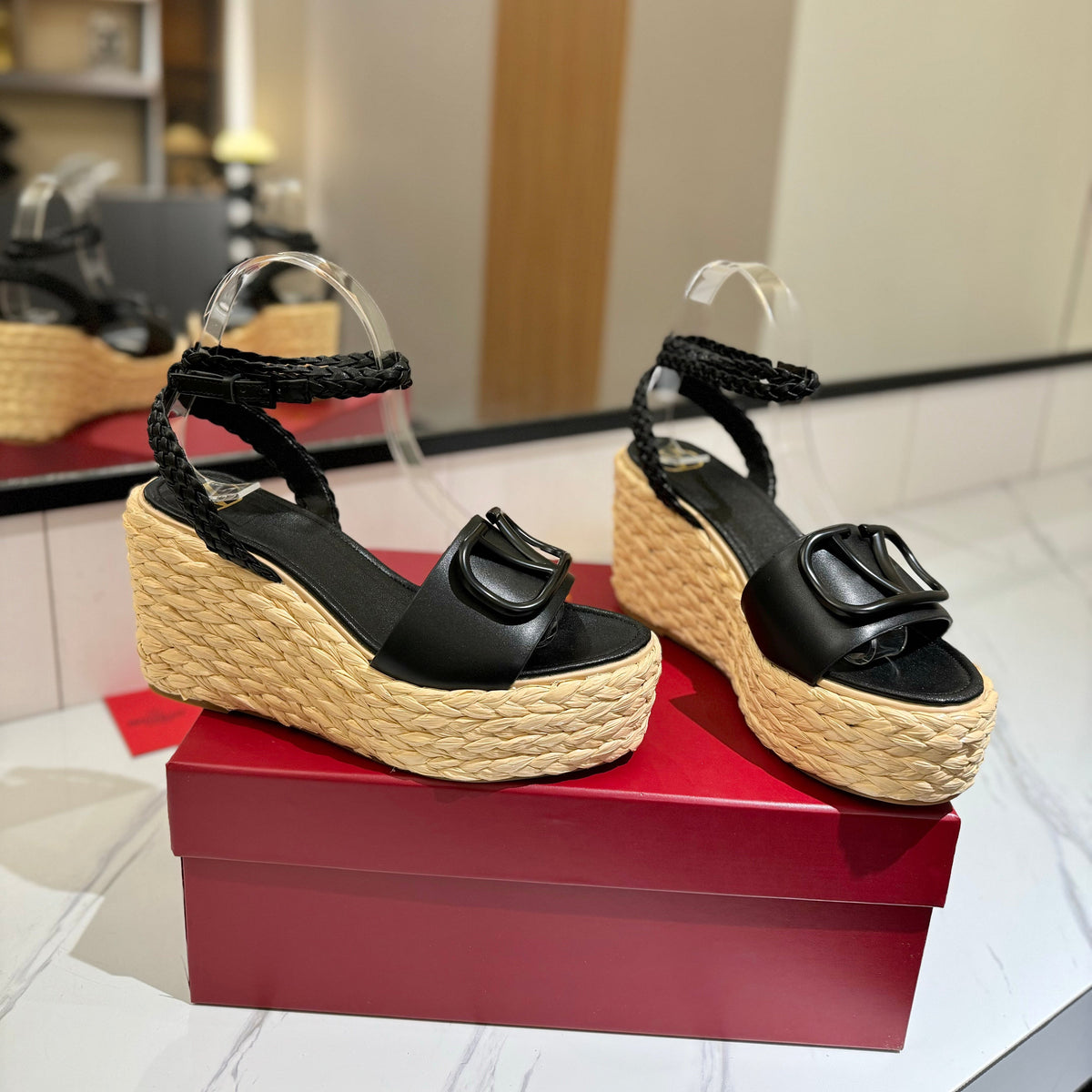 VLTN ESPADRILLE WEDGE SANDALS 25S 90 MM IN BLACK LAMBSKIN STYLE 10