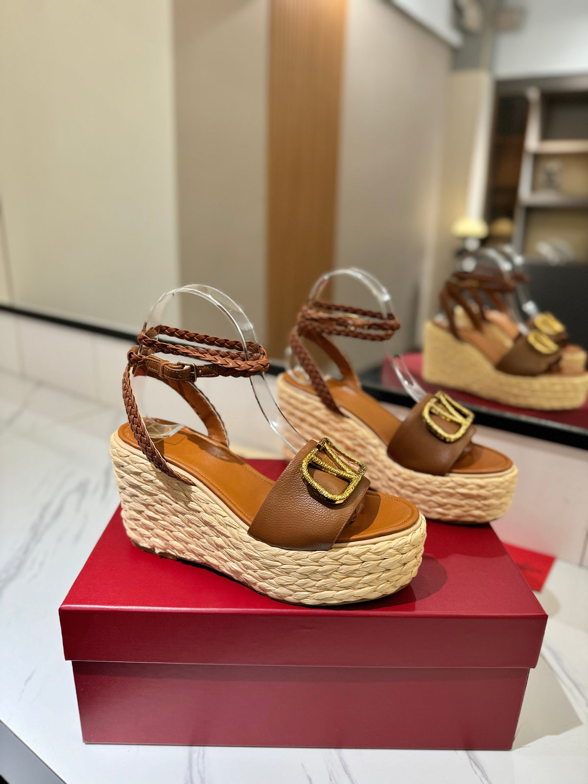 VLTN ESPADRILLE WEDGE SANDALS 25S 90 MM IN BROWN LAMBSKIN STYLE 4