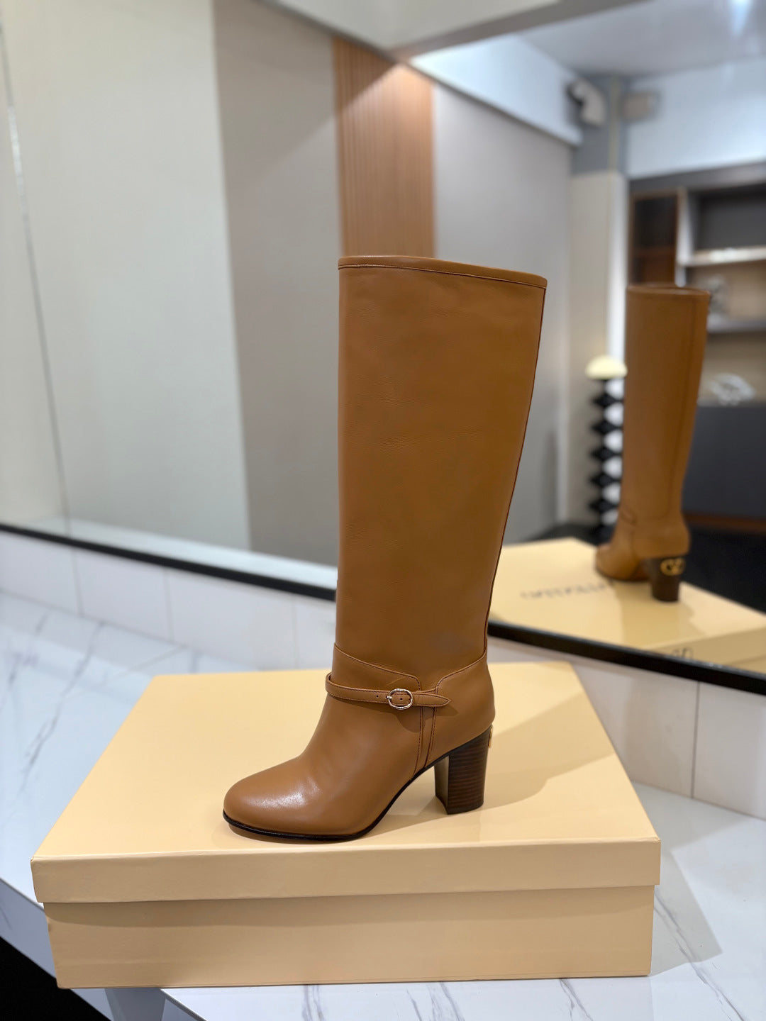 VALENTINO 25S GARAVANI PATTIE KNEE-HIGH BOOTS 80 MM IN BROWN CALFSKIN