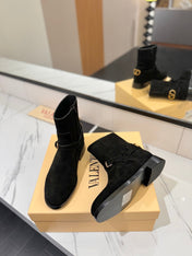 VALENTINO 25S PATTIE ANKLE BOOTS IN BLACK SUEDE WITH GOLD HARDWARE