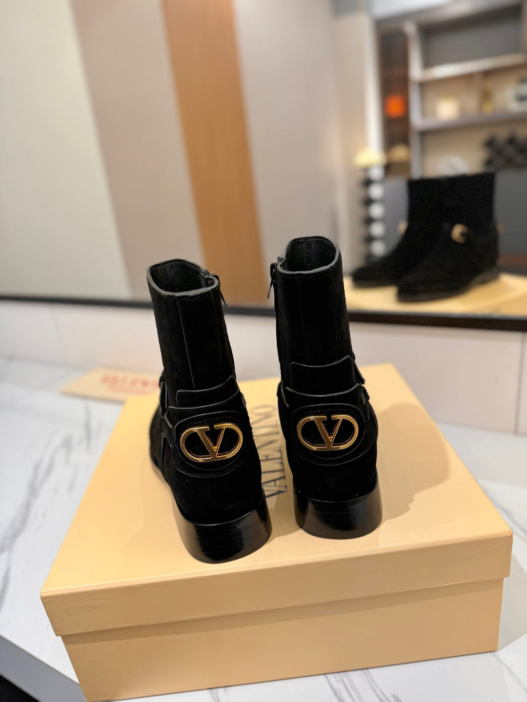 VALENTINO 25S PATTIE ANKLE BOOTS IN BLACK SUEDE WITH GOLD HARDWARE