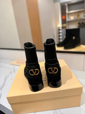 VALENTINO 25S PATTIE ANKLE BOOTS IN BLACK SUEDE WITH GOLD HARDWARE