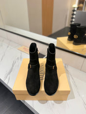 VALENTINO 25S PATTIE ANKLE BOOTS IN BLACK SUEDE WITH GOLD HARDWARE