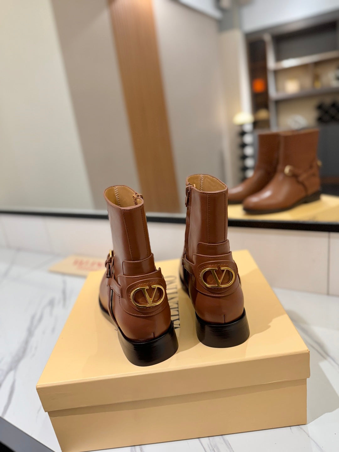 VALENTINO 25S PATTIE ANKLE BOOTS IN BROWN CALFSKIN WITH GOLD HARDWARE