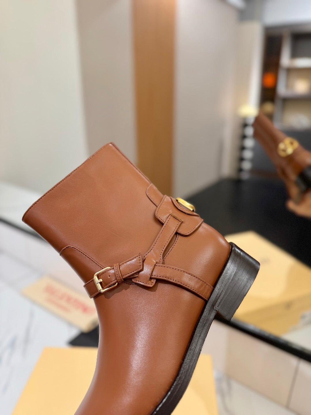 VALENTINO 25S PATTIE ANKLE BOOTS IN BROWN CALFSKIN WITH GOLD HARDWARE