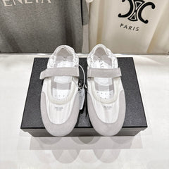 PRADA 25S COLLAPSE RE NYLON AND SUEDE BALLERINAS IN LIGHT GRAY AND CREAM