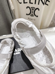 PRADA 25S COLLAPSE RE NYLON AND SUEDE BALLERINAS IN LIGHT GRAY AND CREAM
