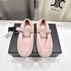 PRADA 25S COLLAPSE RE NYLON AND SUEDE BALLERINAS IN BABY PINK