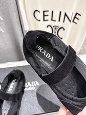 PRADA 25S COLLAPSE RE NYLON AND SUEDE BALLERINAS IN BLACK