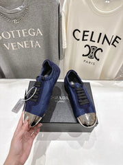 PRADA 25S COLLAPSE RE NYLON AND SUEDE SNEAKERS IN DARK BLUE WITH METAL TOECAP