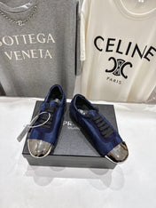 PRADA 25S COLLAPSE RE NYLON AND SUEDE SNEAKERS IN DARK BLUE WITH METAL TOECAP