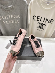 PRADA 25S COLLAPSE RE NYLON AND SUEDE SNEAKERS IN LIGHT PINK WITH METAL TOECAP