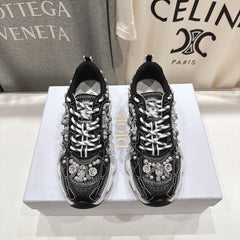 DIOR 25S SNEAKER IN BLACK LAMBSKIN AND MESH FABRIC WITH PEARL DETAILING