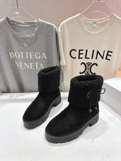 CELINE 26S FUR-TRIM ANKLE BOOTS IN BLACK SUEDE